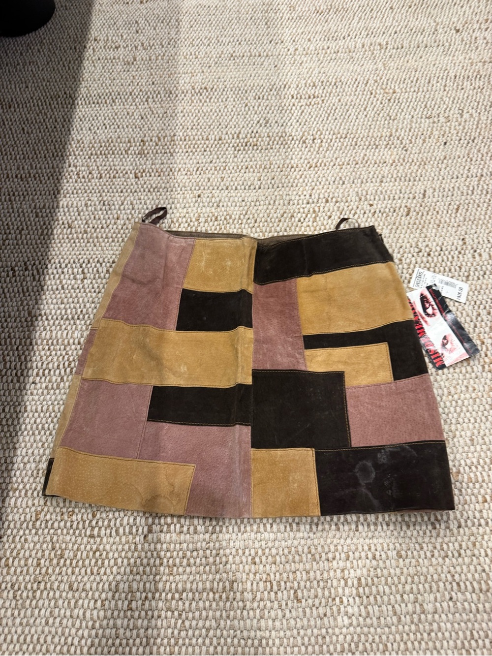Patchwork Suede Mini Skirt in Mustard, Mauve & Black